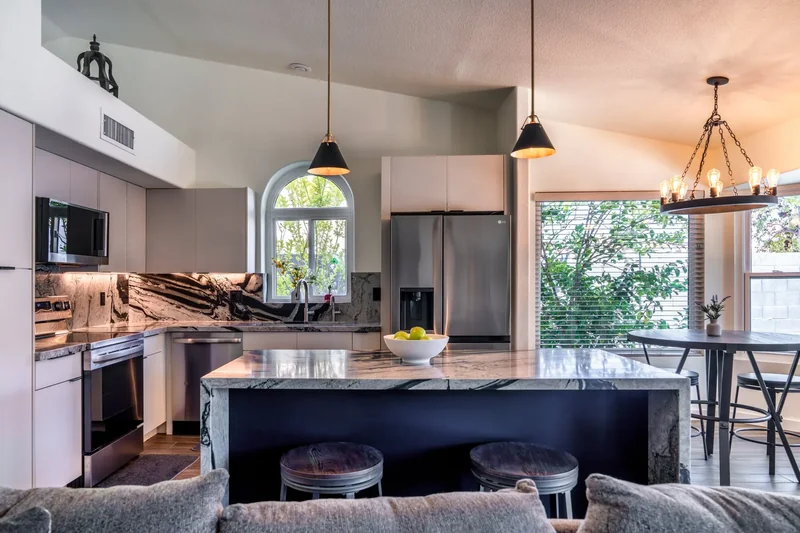Close-up of stone countertop and backsplash material in a Phoenix kitchen remodel